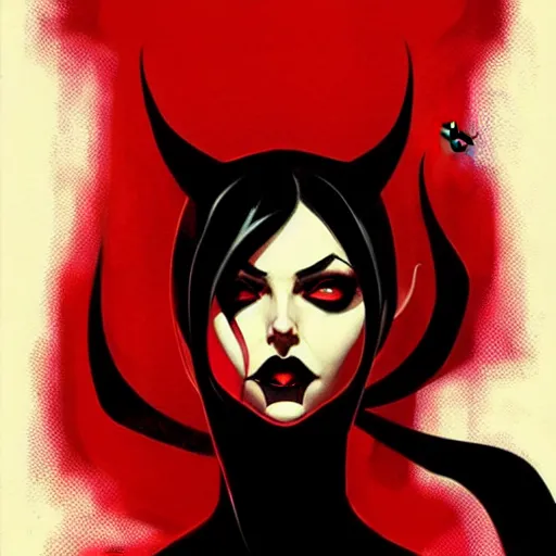 Prompt: rafael albuquerque comic art, peter mohrbacher, artgerm, joshua middleton, pretty evil elizabeth olson demon, black and red dress, symmetrical eyes