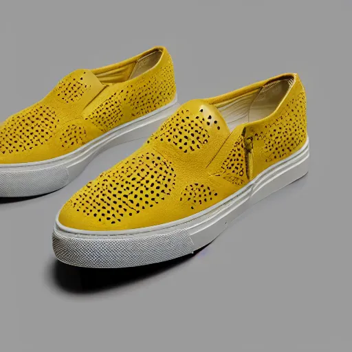 Image similar to yellow sneaker shoe full of holes that is made from Swiss cheese