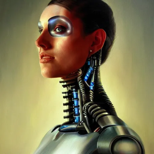 Prompt: amazing portrait of a beautiful cyborg, oil painting. HD