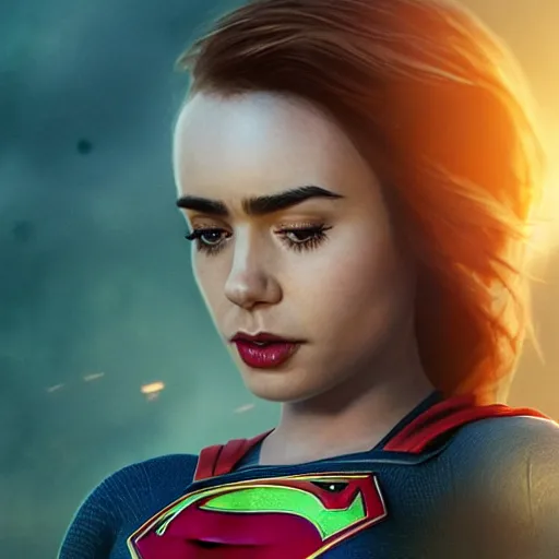 Image similar to a potrait of Lily Collins as Supergirl with man of steel suit style by Greg Rutkowski, Sung Choi, Mitchell Mohrhauser, Maciej Kuciara, Johnson Ting, Maxim Verehin, Peter Konig, 8k photorealistic, cinematic lighting, HD, high details, dramatic, trending on artstation, full body shot