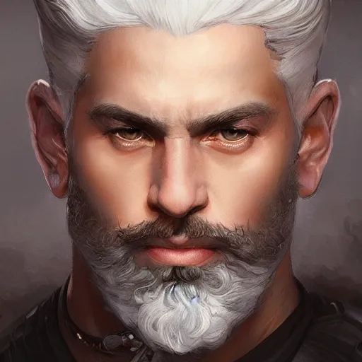 Image similar to beautiful, strong, mixed race, white hair, curly hair, small beard, male, face, head shot, fantasy, highly detailed, digital painting, artstation, concept art, smooth, sharp focus, illustration, art by artgerm and greg rutkowski and alphonse mucha