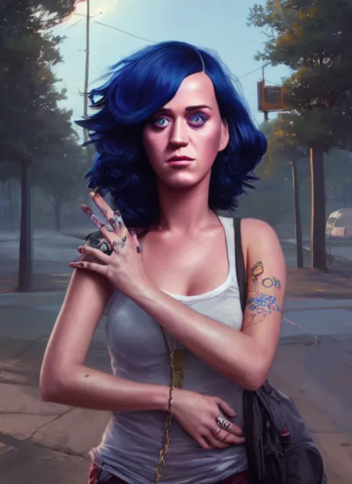 Image similar to Highly detailed full-body portrait of homeless Katy Perry, in GTA V, Stephen Bliss, unreal engine, fantasy art by Greg Rutkowski, Loish, Rhads, Makoto Shinkai and Lois van baarle, ilya kuvshinov, rossdraws, Tom Bagshaw global illumination, radiant light, detailed and intricate environment