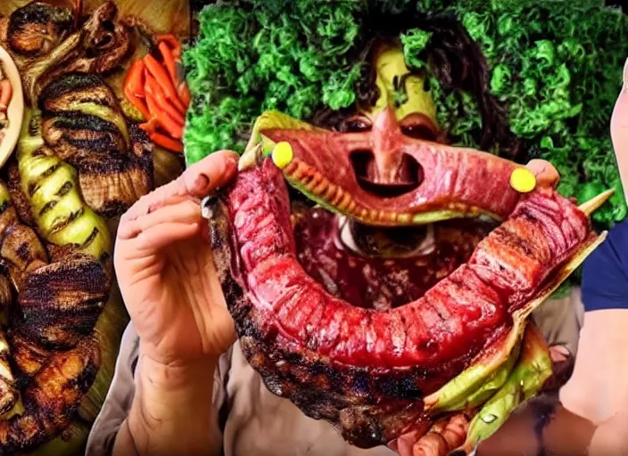 Image similar to Alien mukbang on YouTube. Alien vegetables, roasted. Exotic meat, grilled. Trending on YouTube. HD