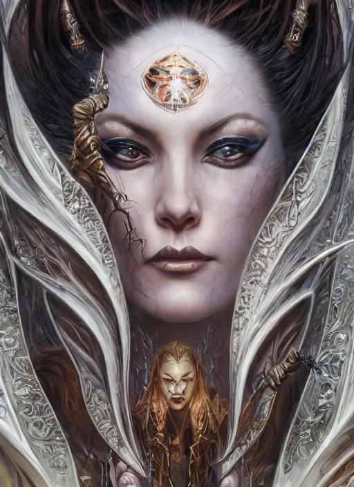 Image similar to a highly detailed airbrush painting of an evil female fantasy sorceress with piercing beautiful eyes, art by karol bak and mark brooks and donato giancola and bayard wu, 4 k, 4 0 9 6, hires, focus