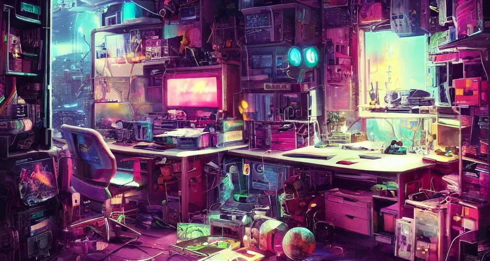 Image similar to IKEA catalogue photo of a cyberpunk bureau, by Paul Lehr