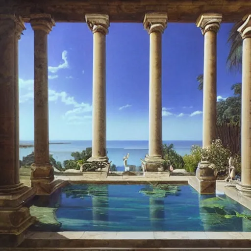 Image similar to David Ligare masterpiece, hyperrealistic surrealism, award winning masterpiece with incredible details, epic stunning, infinity pool, a surreal vaporwave liminal space, highly detailed, trending on ArtStation, broken giant marble head statue ruins, calming, meditative, geometric liminal space, palm trees, very vaporwave, very very surreal, sharp details, artgerm and greg rutkowski and alphonse mucha, daily deviation, IAMAG