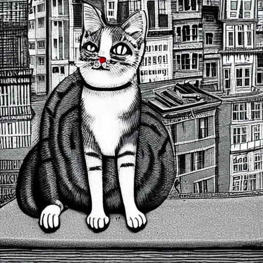 Image similar to a cat on a rooftop in a city by tim burton