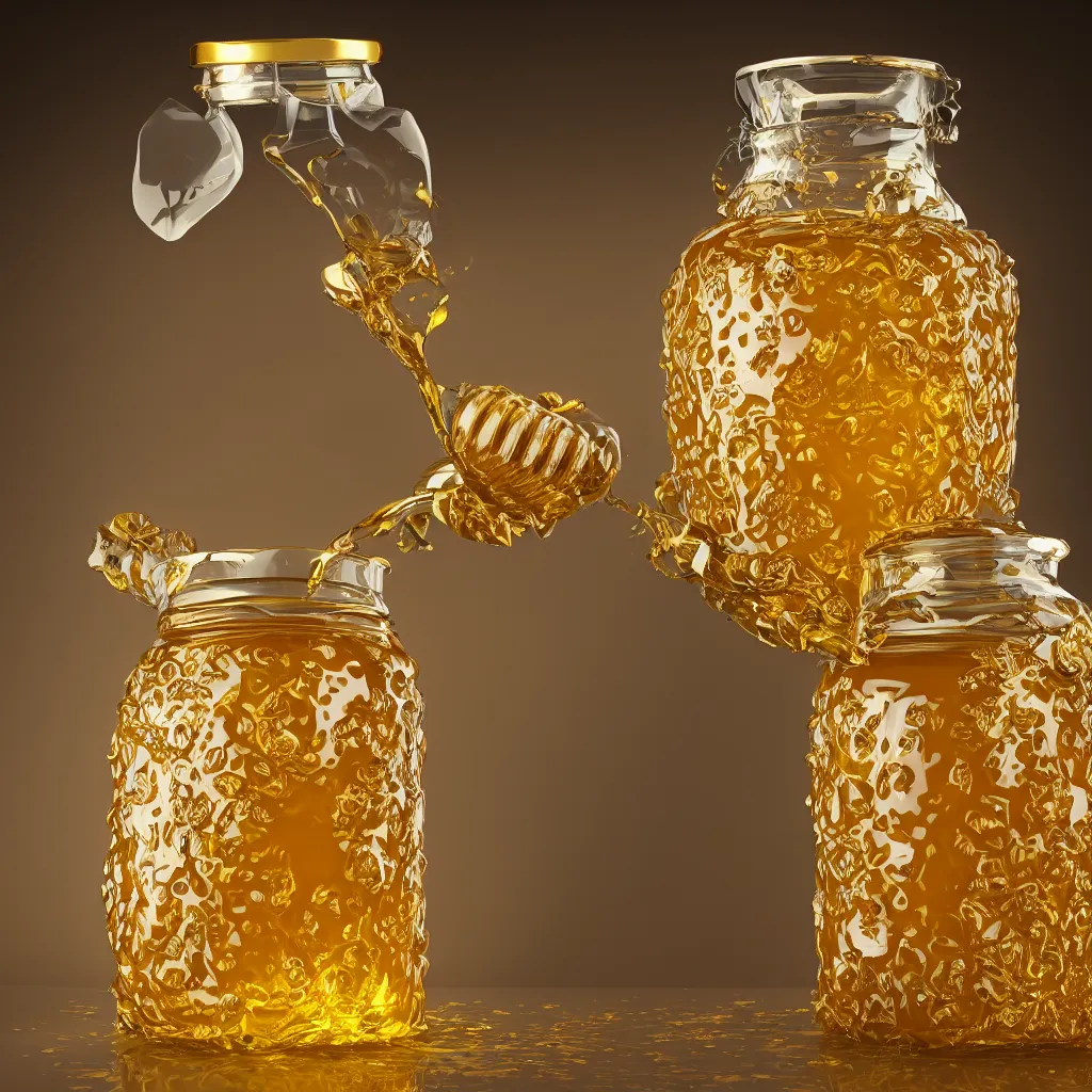 Prompt: elaborate honey jar, golden glistening, light bloom, octane render, product photography, studio photography