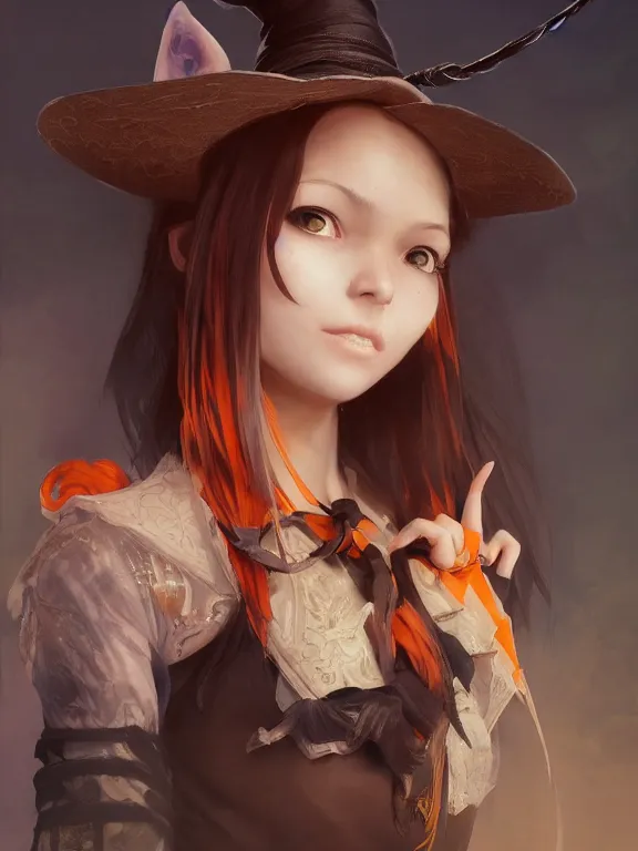 Image similar to Full shot of a cute mischievous young witch about to get up to some trouble. Latin American fashion. Black and Orange palette. Latina girl. brown skin. By Ruan Jia and Artgerm and Range Murata and WLOP. Key Art. Fantasy Illustration. award winning, Artstation, intricate details, realistic, Hyperdetailed, 8k resolution.
