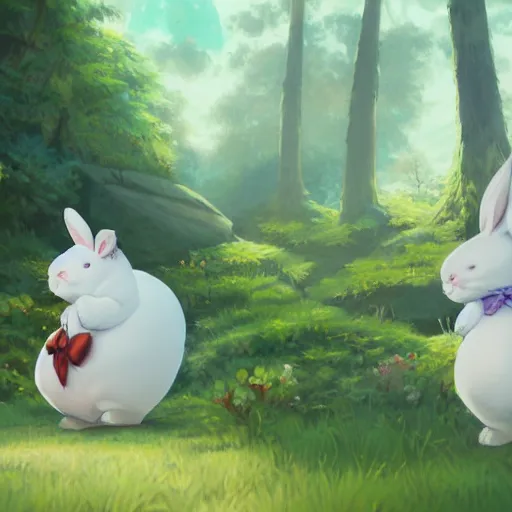 Image similar to concept art painting of a chubby white rabbit wearing a turquoise dress, in the deep forest, realistic, detailed, cel shaded, in the style of makoto shinkai and greg rutkowski and james gurney