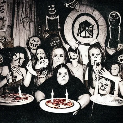 Image similar to creepy occult ritual in pizza restaurant Polaroid highly detailed