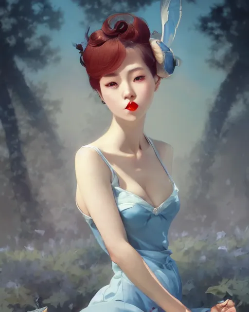 Prompt: a pin up and beautiful fashion charming dreamlike korean girl with low cut dress, character art, art by artgerm lau and kyoung hwan kim and and ilya kuvshinov and john singer sargent, hyperdetailed, 8 k realistic, symmetrical, frostbite 3 engine, cryengine, dof, trending on artstation, digital art