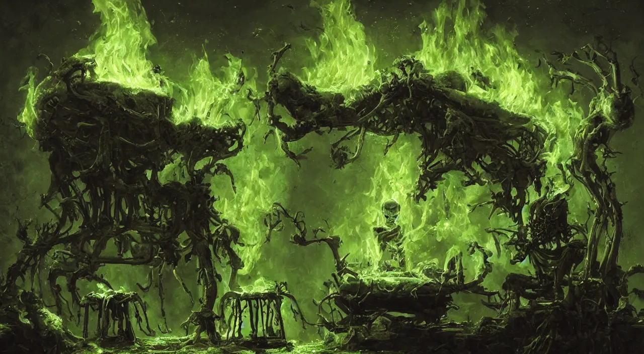 Prompt: A highly detailed oil painting by Greg Rutkowski of a skeleton wearing black robes making a potion in a huge bubbling cauldron glowing bright green, with lots of fire coming from it, highly detailed fantasy concept artwork, very realistic, green and black color scheme.