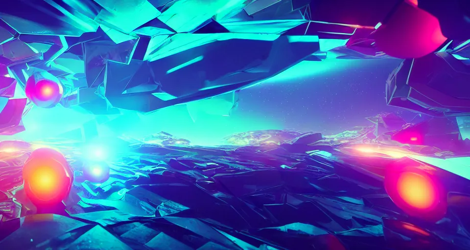 Prompt: Abstract astral dreamscape of moody and colorful 3D geomtric shapes, 3D video game, futuristic, science fiction, atmosphere, octane render, depth of field, unreal engine 5, vibrant color, lens flare, trending on artstation, ultra high detail, ultra realistic, cinematic, focused, 8k