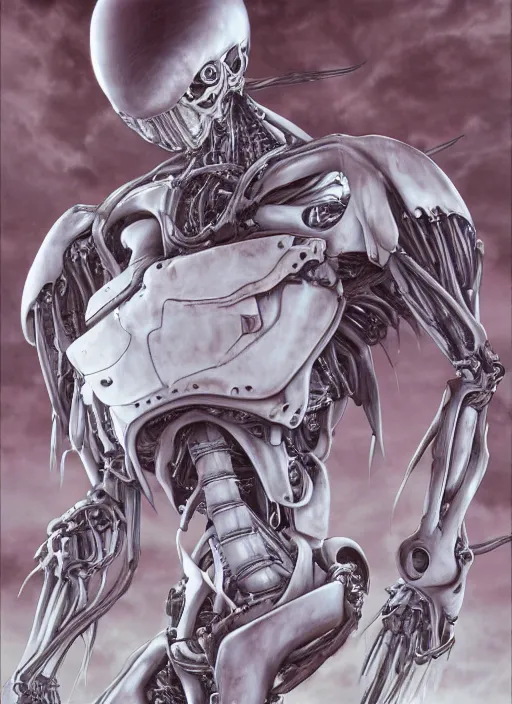 Image similar to Shinji Ikari by Yoshitaka Amano, by HR Giger, biomechanical, 4k, hyper detailed, hyperrealism, anime, a Blood Moon rising on a Broken World, deviantart, artstation