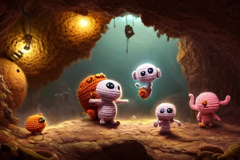 Prompt: an expedition of crochet cute monsters discovering a new cave underground. cute, illustration, digital art, inspired by little big planet, by greg rutkowski, detailed, sharp, masterpiece, highly detailed, photorealistic, octane render, 8 k, unreal engine 5, trending on artstation, vivid colors