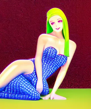 Image similar to blonde women in blue tight short dress sitting on big cake, photorealistic image