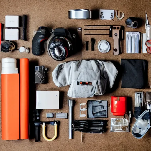 Prompt: Knolling of an effective survival kit for the zombie apocalypse | flat lay photography | neutral background | shot with a tripod | focal lenght 50.0mm | aperture f/11 | 1/30s shutter speed | ISO100