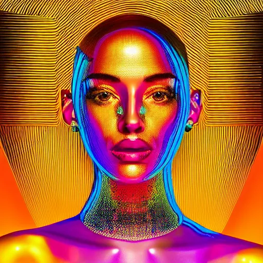 Image similar to hyperdetailed masterpiece portrait of a glossy golden metallic statue of a woman covered in colorful glowing digital circuits and hexagons, symmetrical, in the style of virgil abloh, offwhite, heron prestorn, denoise, vogue, paris, fashion, louvre museum, highly detailed, realistic, hyperreal, 8 k, render