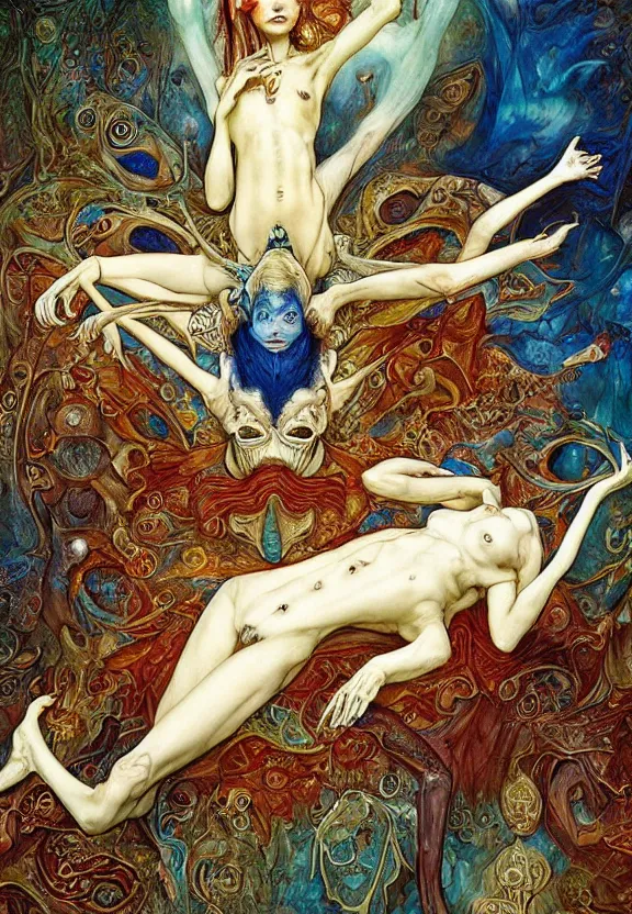 Prompt: simplicity, elegant, colorful blue djinn bodies and bones radiating from fractal, orchids, flowers, mandala, white bones, by h. r. giger and esao andrews and maria sibylla merian eugene delacroix, gustave dore, thomas moran, pop art, chiaroscuro, biopunk, art nouveau