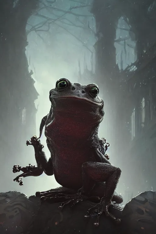 Prompt: a fancy portrait of a monstrous frog by Greg Rutkowski, Sung Choi, Mitchell Mohrhauser, Maciej Kuciara, Johnson Ting, Maxim Verehin, Peter Konig, Bloodborne , 8k photorealistic, cinematic lighting, HD, high details, atmospheric , trending on artstation