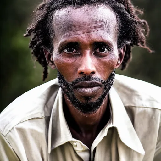 Image similar to a somali man, with long curly hair, on a clean background, beautiful, by etienne dinet