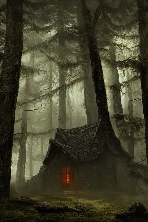 Image similar to the wooden house of a ancient witch in an ancient old forrest, eeire mood, Dynamic lighting, cinematic, establishing shot, extremely high detail, photo realistic, cinematic lighting, , post processed denoised, concept design, concept art, artstation, matte painting, midjourney, style by alex ross, raphael lacoste, eddie mendoza