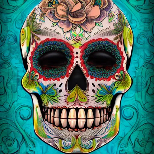 Image similar to A highly stylized digital HD photorealistic rendering of the face of a tattooed Day of the Dead skull smiling head and shoulders three-quarters view, with flowers, intricate patterns on face, on a poster promoting AI art