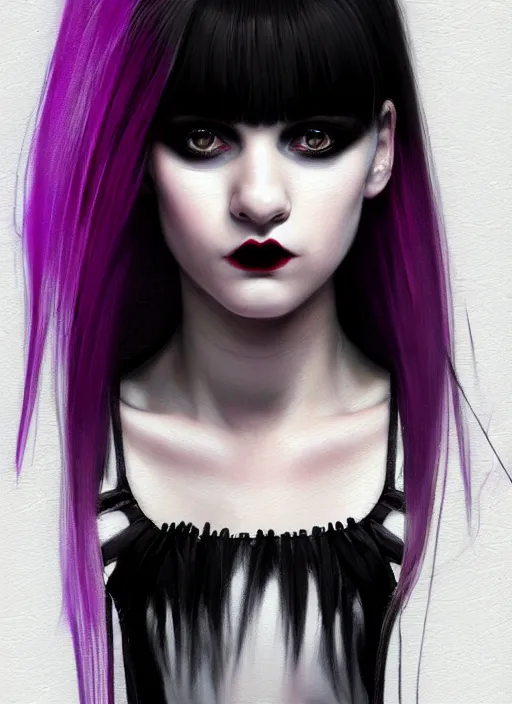 Image similar to portrait of white teenage girl, normal face, black bangs, mall goth, cyberlox, black and white hair, bangs, fluffy bangs, red contacts, purple lipstick, intricate, elegant, highly detailed, digital painting, artstation, concept art, sharp focus, smooth, illustration, art by wlop, mars ravelo and greg rutkowski