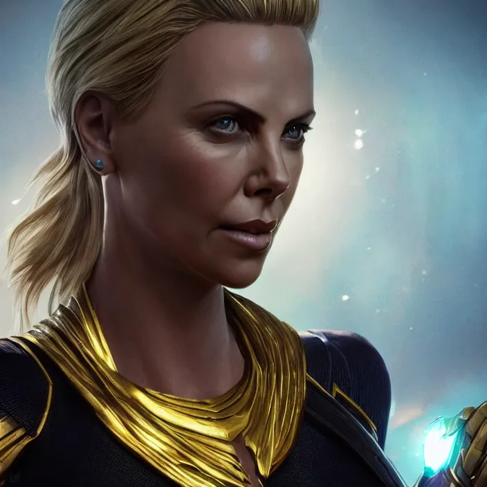 Image similar to portrait of ((Charlize Theron)), wearing The Infinity GAUNTLET. thanos, infinity gauntlet. intricate artwork. octane render, trending on artstation, very coherent symmetrical artwork. avengers. thanos. cinematic, hyper realism, high detail, octane render, 8k, iridescent accents