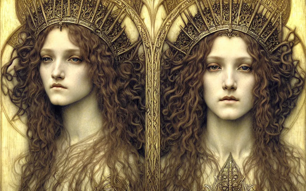 Image similar to detailed realistic beautiful young medieval queen face portrait by jean delville, gustave dore and marco mazzoni, art nouveau, symbolist, visionary, gothic, pre - raphaelite. horizontal symmetry