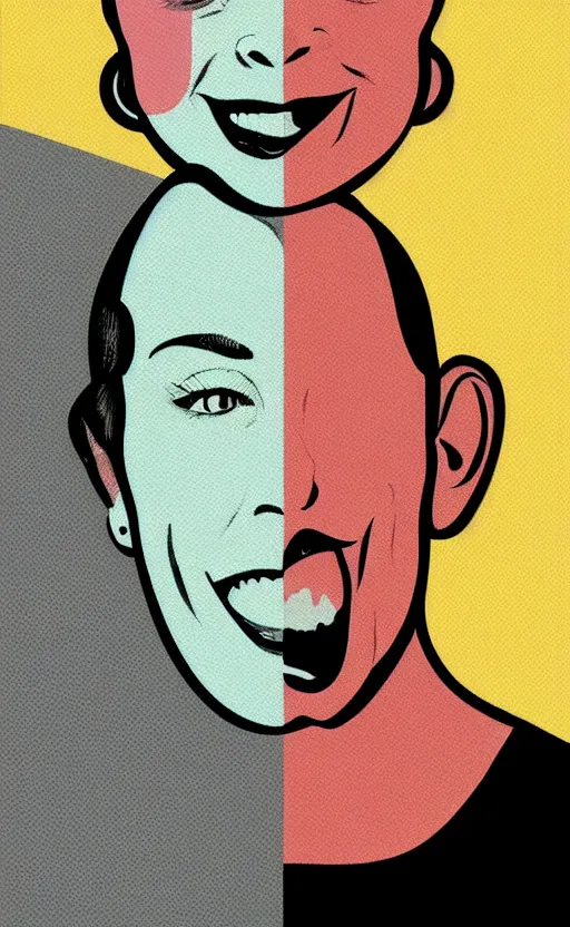 Prompt: illustration portrait of a woman with white buzzcut laughing out loud, art deco painting by tom whalen, by tomer hanukam funny meme photo, trending on behance, digital illustration, storybook illustration, grainy texture, flat shading, vector art, airbrush, pastel, watercolor, poster