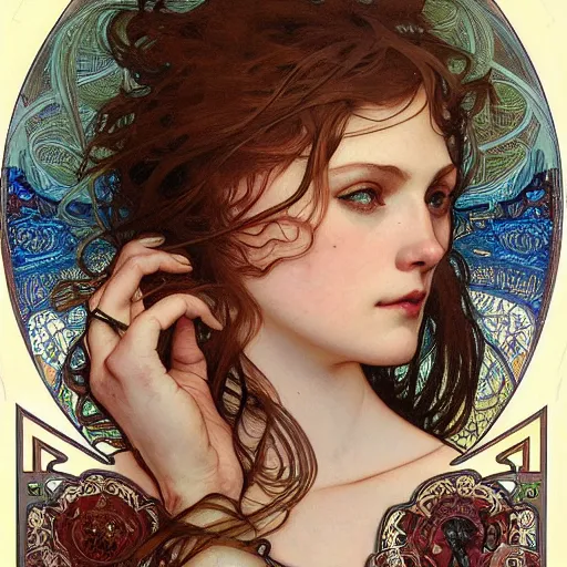 Prompt: realistic detailed face portrait of Judith by Alphonse Mucha, Ayami Kojima, Amano, Charlie Bowater, Karol Bak, Greg Hildebrandt, Jean Delville, and Mark Brooks, Art Nouveau, Neo-Gothic, gothic, rich deep colors