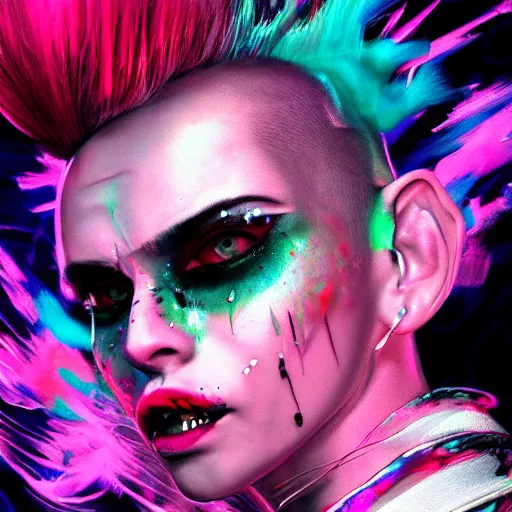 Image similar to splashes of neon clouds, mowhawk, punk women portrait made out of paint, trending on artstation, epic composition, emotional, beautiful, rendered in octane, highly detailed, realistic, tim burton comic book art, sharp focus, unreal engine