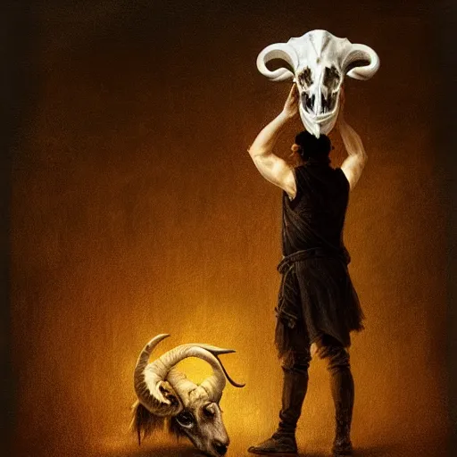 Image similar to man with goat horns holding an animal skull, style of da vinci, fantasy illustration, by greg rutkowski