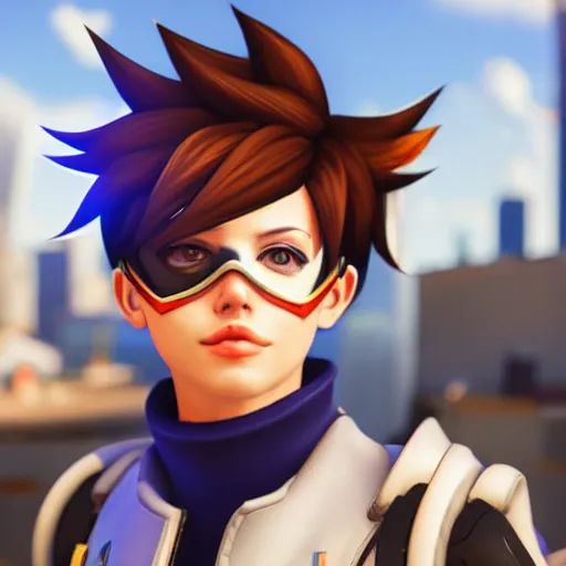 Image similar to digital painting of tracer overwatch wearing large leather collar, standing in city area, 4 k, realistic,