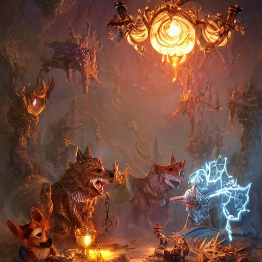 Prompt: d & d character art of a corgi thaumaturgist, arcane laboratory, magical trinkets, glowing spell effects, extremely intricate, detailed digital illustration, greg rutkowski, trending on artstation, 8 k