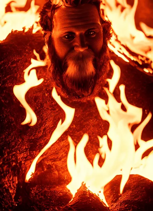 Image similar to Fire man with fire hair and fire beard, volcano, flames, ice, light atmosphere, cinematic shot, intricate, ornate, photorealistic, ultra detailed, realistic, 100mm, photography, octane, high definition, depth of field, bokeh, 8k, artstation