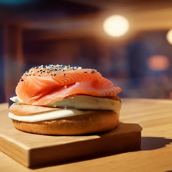 Image similar to cream cheese smoked salmon bagel, splash art, movie still, cinematic lighting, dramatic, octane render, long lens, shallow depth of field, bokeh, anamorphic lens flare, 8 k, hyper detailed, 3 5 mm film grain