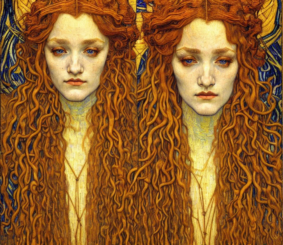 Image similar to detailed realistic beautiful young medieval queen face portrait by jean delville, gustav klimt and vincent van gogh, art nouveau, symbolist, visionary, gothic, pre - raphaelite, muted earthy colors, desaturated