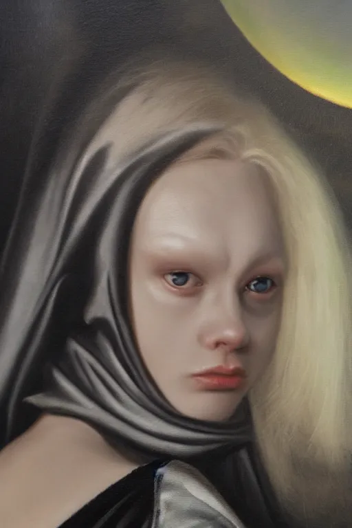 Image similar to hyperrealism oil painting, close - up portrait of albino medieval fashion model, black silk, steel gradient mixed with nebula sky, in style of baroque