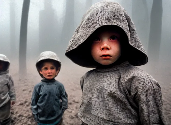 Prompt: cinestill 5 0 d photographic portrait by helen levitt of cute androids wearing rugged black mesh techwear in a foggy cement grove, extreme closeup, modern cyberpunk, dust storm, 8 k, hd, high resolution, 3 5 mm, f / 3 2, ultra realistic faces, intricate detail, ex machina