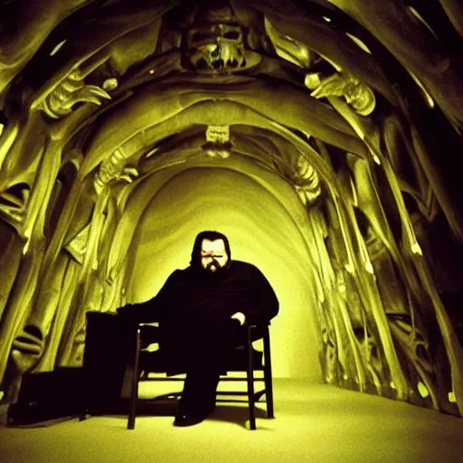 Image similar to chunky orson welles sitting on a dark throne, in an alien room by hans giger, movie by denis villeneuve, lubezki, gaspar noe and alejandro jodorowsky, anamorphic lens, anamorphic lens flares, kodakchrome, cinematic composition, practical effects, award winning photo, 8 k