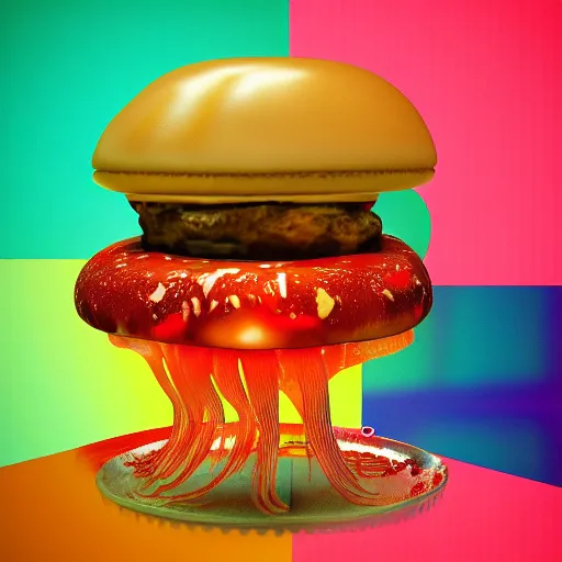 Image similar to hamburger mix jellyfish, cg, 8 k, sharp focus, style by andy warhol