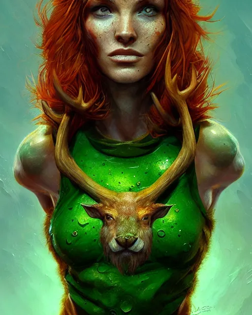 Prompt: muscular female druid, perfect face, thin antlers, green crop top, ginger hair, abs, cinematic, freckles, stunning, athletic, strong, agile, highly detailed, psychedelic, digital painting, artstation, smooth, hard focus, illustration, art by jessica rossier and and brian froud