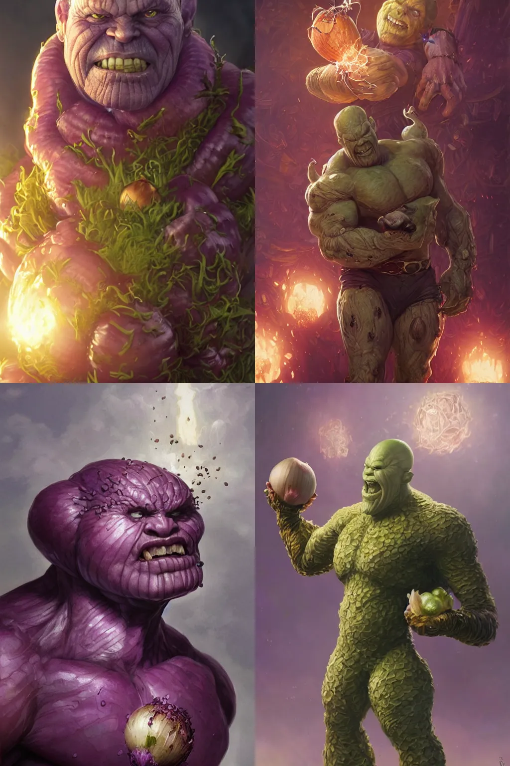 Prompt: onion thanos holding onions, character portrait, ultra realistic, concept art, intricate details, highly detailed by greg rutkowski, ilya kuvshinov, gaston bussiere, craig mullins, simon bisley, onion hybrid thanos, surrounding onions, smiling and cheerful