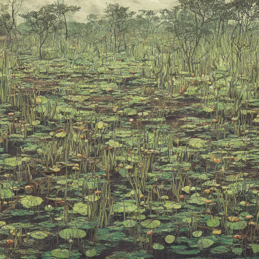 Image similar to Artwork illustrating a large swamp full of withered lotus plants.