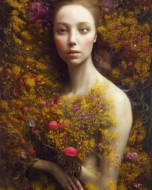 Prompt: a painting of a young woman surrounded by flowers, a surrealist painting by yoann lossel, trending on cgsociety, pop surrealism, made of flowers, cosmic horror, lovecraftian