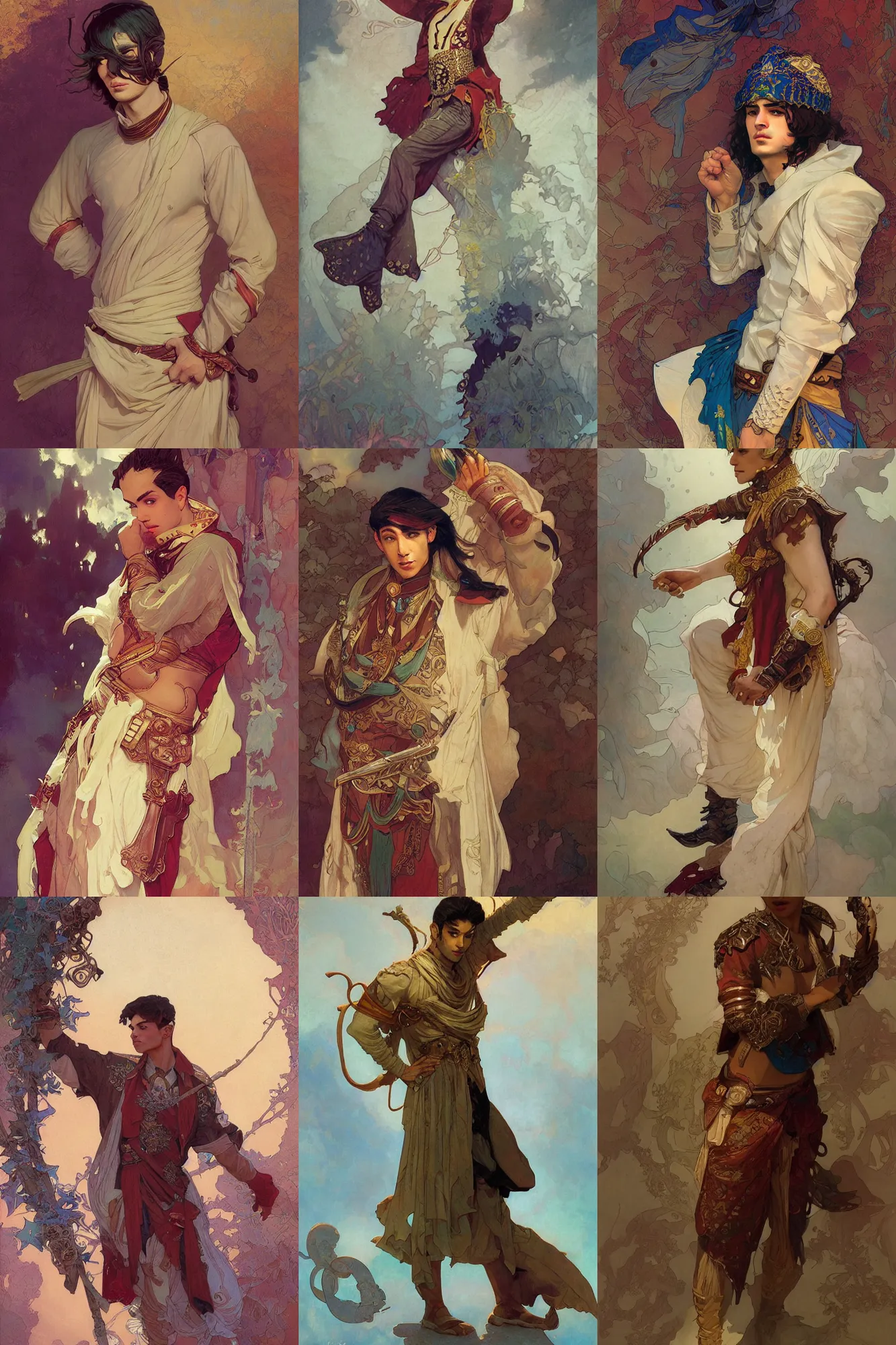 Prompt: young male, persian costume, fantasy, smooth, art by joseph leyendecker, peter mohrbacher, ruan jia, marc simonetti, ayami kojima, cedric peyravernay, alphonse mucha, victo ngai