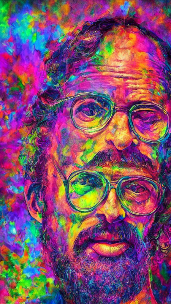 Prompt: photoreal terrance mckenna protrait, vivid psychadelic colorful